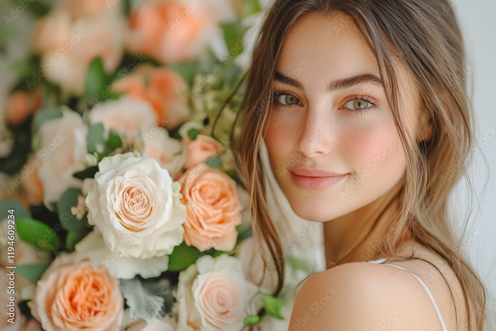 A beautiful young woman stands smiling beside a stunning arrangement of soft, peach roses, with gentle lighting that enhances the warmth and beauty of the scene. A beautiful young woman stands smiling beside a stunning arrangement of soft, peach roses, with gentle lighting that enhances the warmth and beauty of the scene.