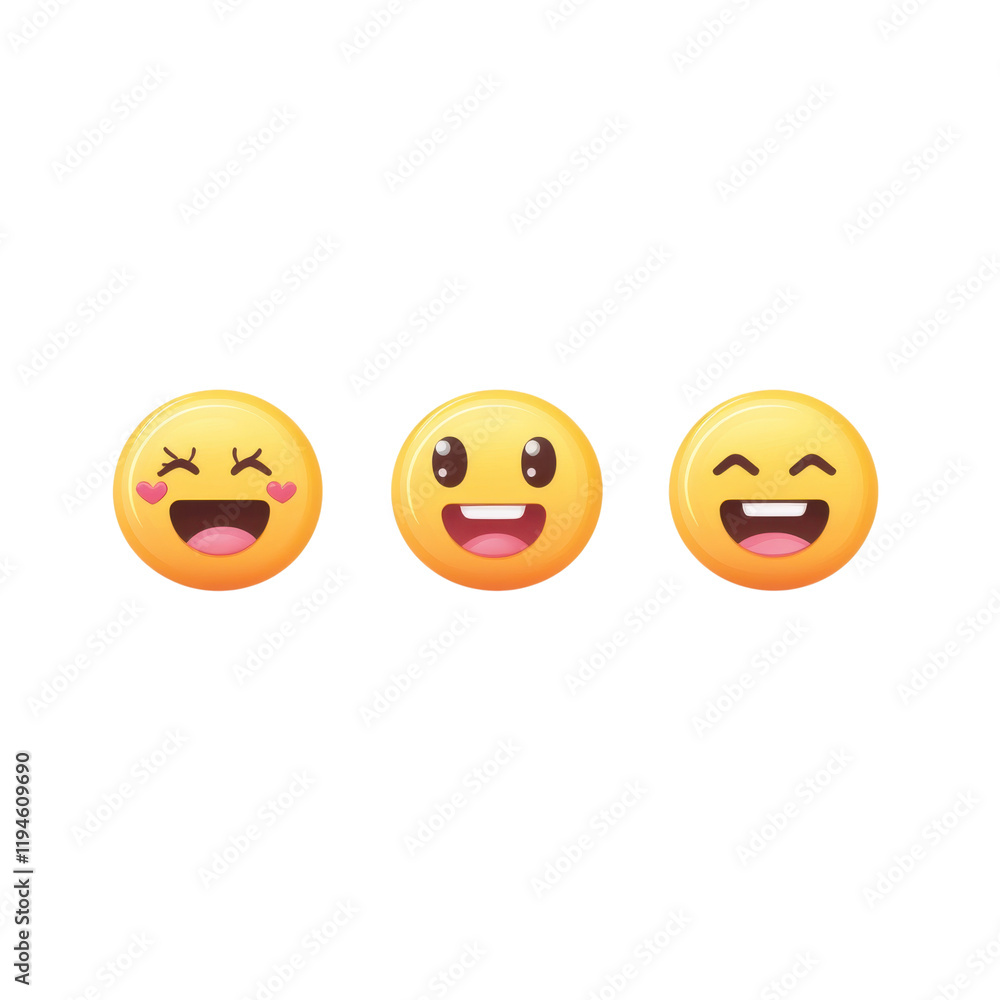 Fototapeta premium Happy emojis expressing joy and excitement with various facial expressions. These symbols convey emotions like happiness, love, and cheerfulness, perfect for digital communication