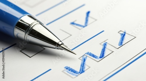 Close-up of pen on checklist with checkmarks.
