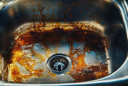 A sink with a drain that is covered in oil and grease