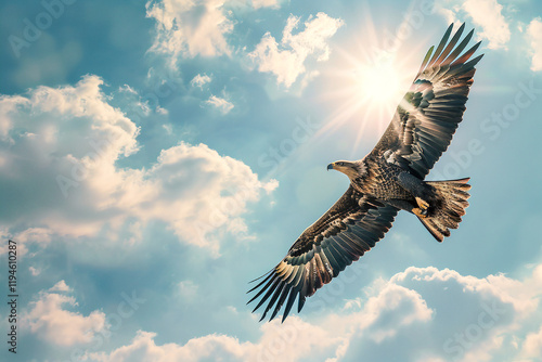 An eagle soars through a bright sky with the sun behind, representing freedom and strength.
