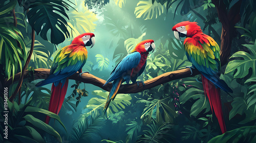 Wallpaper Mural Three Colorful Parrots Perched On A Branch In A Lush Tropical Jungle, Surrounded By Dense Green Foliage. Generative AI Torontodigital.ca