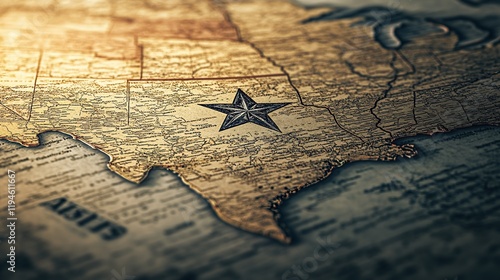 Close-up of vintage map highlighting Texas with compass rose.