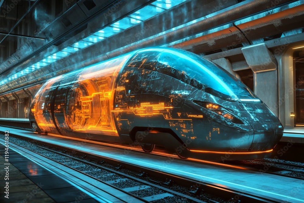 Fototapeta premium Sleek high-speed train designed with advanced materials and illuminated with bright lights, awaiting departure from a modern, high-tech station platform.