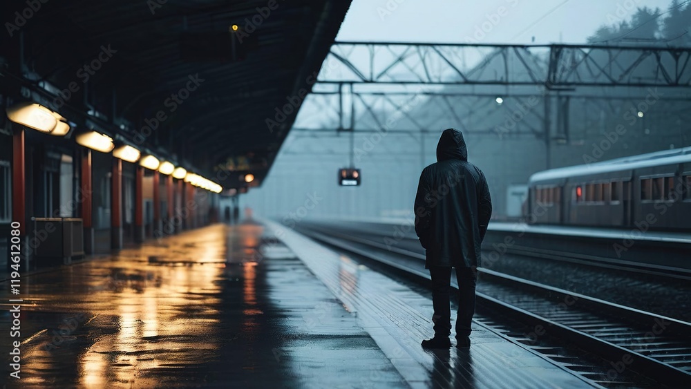 A solitary figure stands at a misty train station platform during a rainy evening, evoking solitude A solitary figure stands at a misty train station platform during a rainy evening, evoking solitude