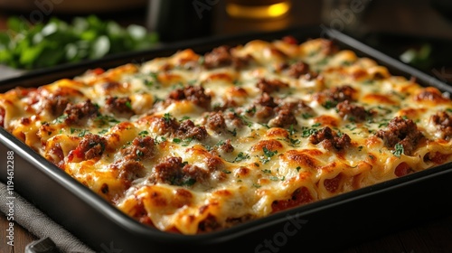 Delicious homemade lasagna with ground beef and cheese, served on a wooden table with herbs
