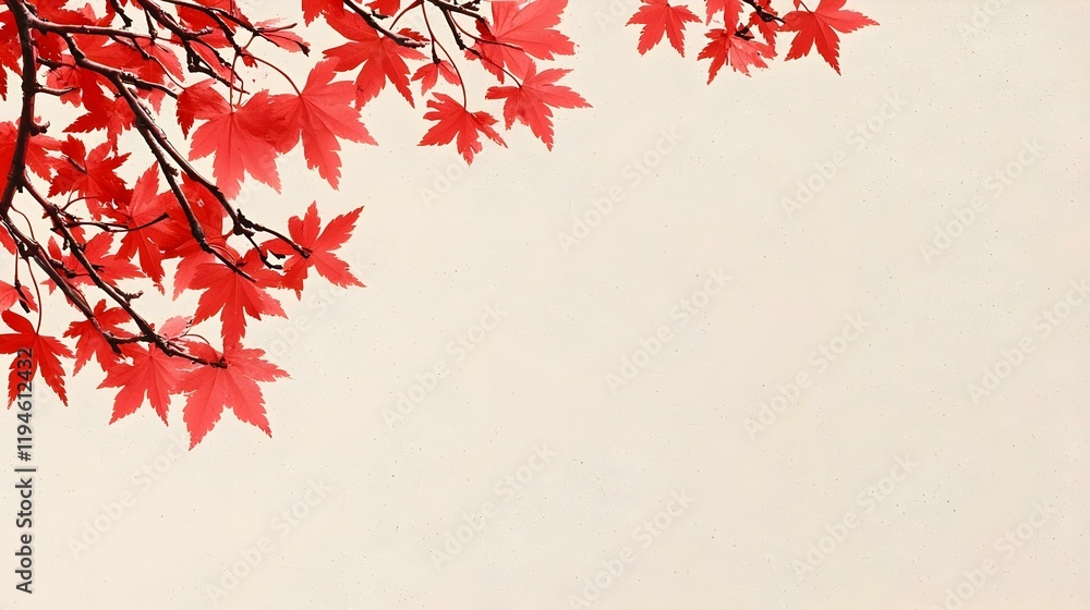 Beige canvas adorned with vibrant red maple leaves, creating a warm, autumnal atmosphere, perfect for seasonal decor or design inspiration.