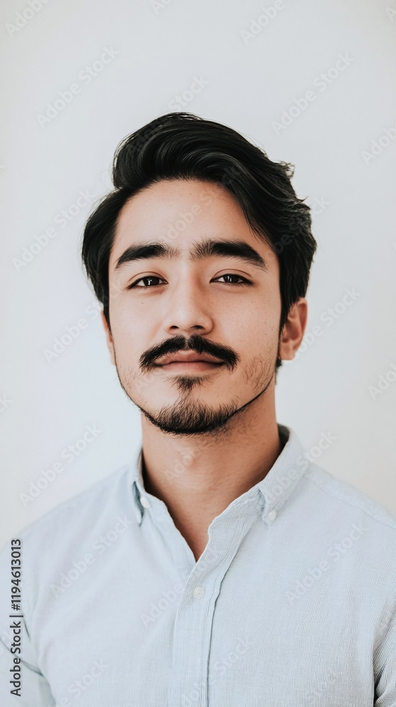 Portrait of a South Asian man with a mustache black hair parted to the side and a light blue shirt on a white background. Portrait of a South Asian man with a mustache black hair parted to the side and a light blue shirt on a white background.