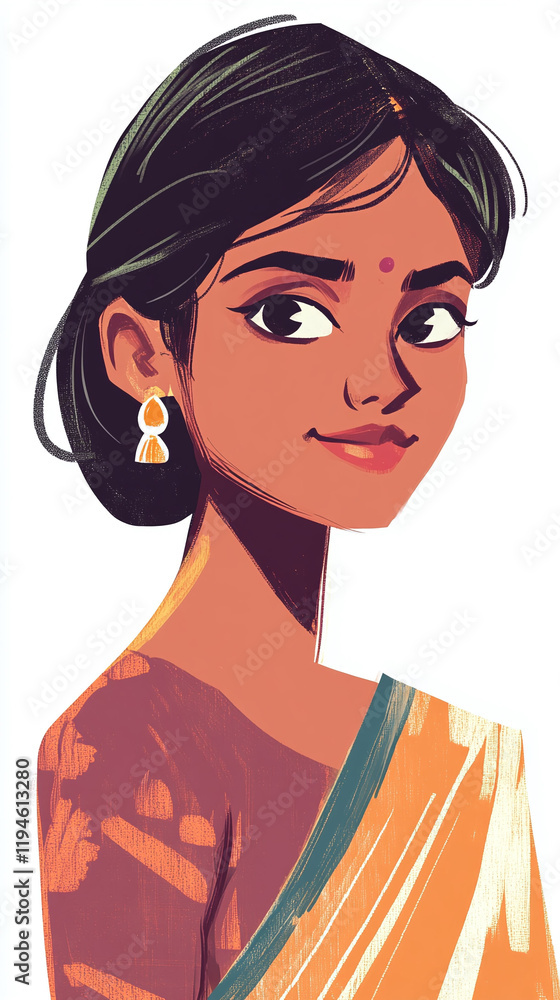 Portrait of a South Asian woman with traditional earrings a sari and a gentle smile on a white background. Portrait of a South Asian woman with traditional earrings a sari and a gentle smile on a white background.