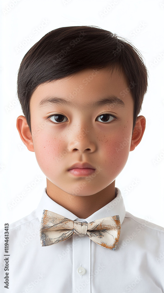 Portrait of a young Asian boy with neatly combed hair a bowtie and a dress shirt on a white background. Portrait of a young Asian boy with neatly combed hair a bowtie and a dress shirt on a white background.