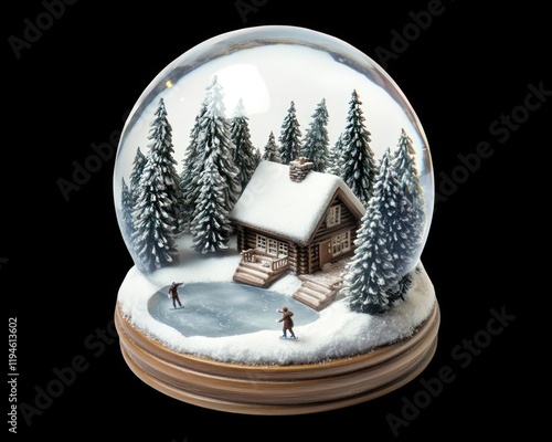 Winter Wonderland Snow Globe Featuring a Frozen Pond with Ice Skaters photo