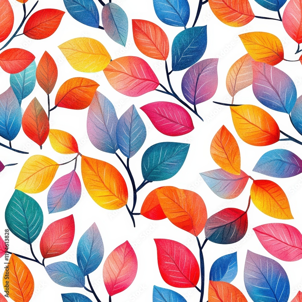 Obraz premium Bright Watercolor Leaves Pattern on White Background Ideal for Nature-Themed Designs and Creative Projects