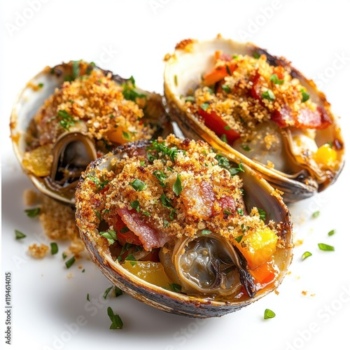 Fresh clams baked with a mixture of crispy bacon  photo