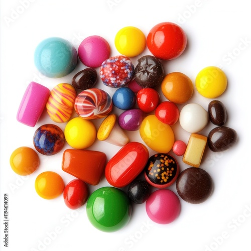 Colorful candies scattered on white background, food photography, sweet treats photo