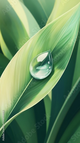 Illustrative Scene of a Water Droplet Resting on Green Leaf