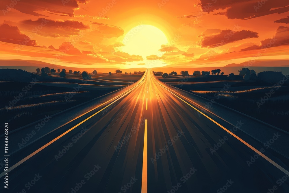 Serene Sunset Over Open Road with Vibrant Colors Illuminating the Sky and Landscape in a Peaceful Atmosphere for Travel and Adventure Themes Serene Sunset Over Open Road with Vibrant Colors Illuminating the Sky and Landscape in a Peaceful Atmosphere for Travel and Adventure Themes