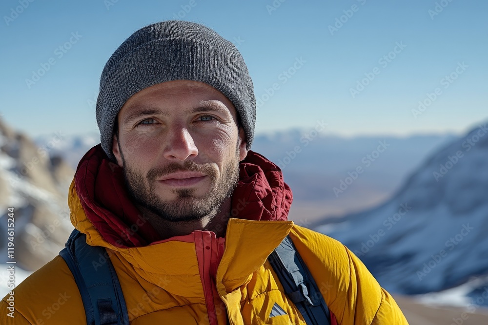 A young man is dressed warmly in an orange jacket and a gray beanie, standing confidently amidst the vast, snowy peaks and clear blue skies of a mountainous region. A young man is dressed warmly in an orange jacket and a gray beanie, standing confidently amidst the vast, snowy peaks and clear blue skies of a mountainous region.