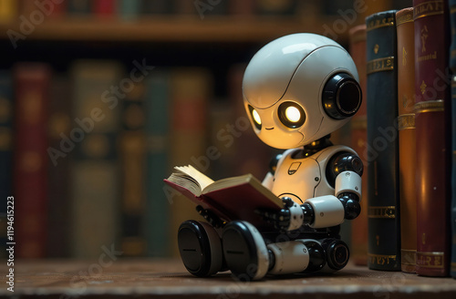 robot ai sits on a shelf in the library and reads a book. Concept of text generation, AI training and information systematization