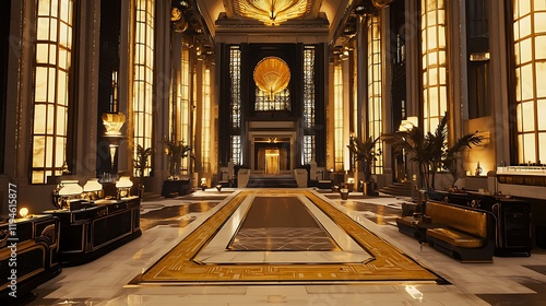 A large room with a golden carpet and a chandelier photo