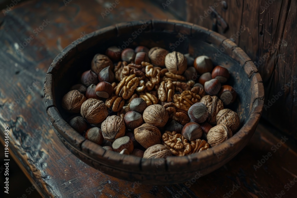 Fototapeta premium Assorted nuts in rustic wooden bowl