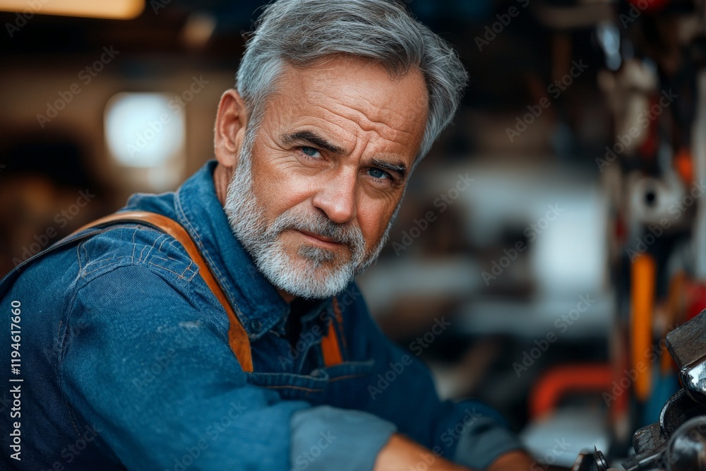A focused grey-haired mechanic, in denim overalls, is framed in an action shot within a garage, as he works on unseen car parts, embodying expertise and diligence. A focused grey-haired mechanic, in denim overalls, is framed in an action shot within a garage, as he works on unseen car parts, embodying expertise and diligence.