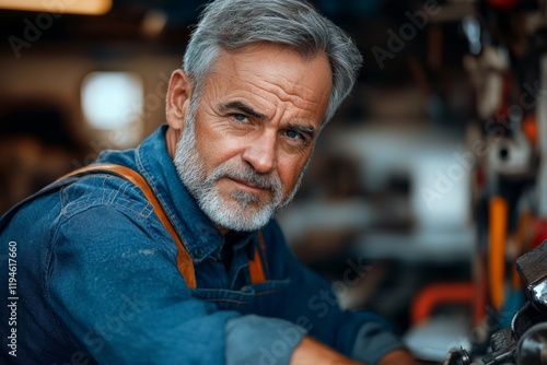 A focused grey-haired mechanic, in denim overalls, is framed in an action shot within a garage, as he works on unseen car parts, embodying expertise and diligence. photo