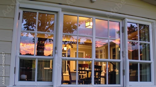 Evening Reflections in Picture Windows: A dusk scene where the sky's colors are reflected in the large picture windows of a home. Inside,