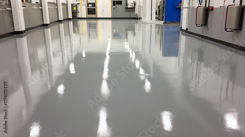 New shiny epoxy resin floor in a large, brightly lit room. Offic