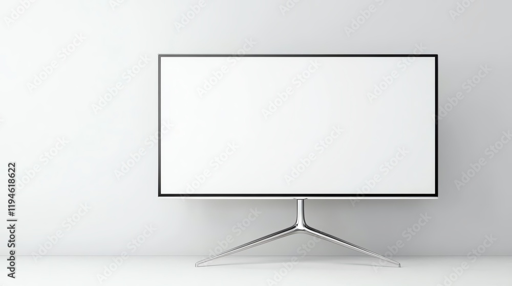 Modern flat screen TV on sleek stand against minimalist white wall. Perfect for contemporary home or office settings. Modern flat screen TV on sleek stand against minimalist white wall. Perfect for contemporary home or office settings.