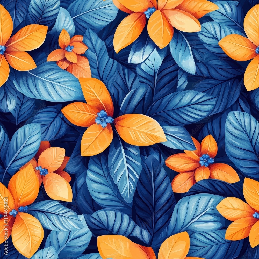 Vibrant Orange and Blue Floral Pattern with Leaves in a Stunningly Bright Design for Textile and Wallpaper Use Vibrant Orange and Blue Floral Pattern with Leaves in a Stunningly Bright Design for Textile and Wallpaper Use