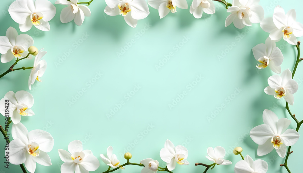 Orchid floral frame with white flowers and green stems on a mint background Orchid floral frame with white flowers and green stems on a mint background