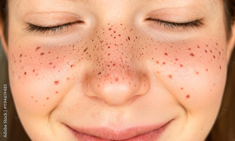 Fototapeta premium Close-up of a person’s face showcasing a beautiful collection of freckles scattered across the nose cheeks