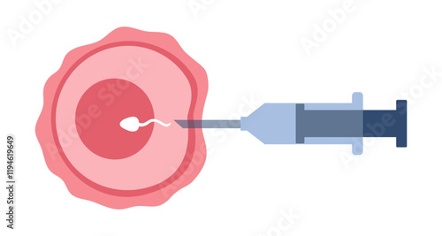 In vitro fertilization. IVF. Egg cell and syringe with sperm illustration in cartoon flat style. 
