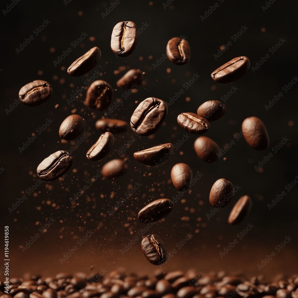 Dynamic Scatter of Coffee Beans Falling Against Dark Background Dynamic Scatter of Coffee Beans Falling Against Dark Background
