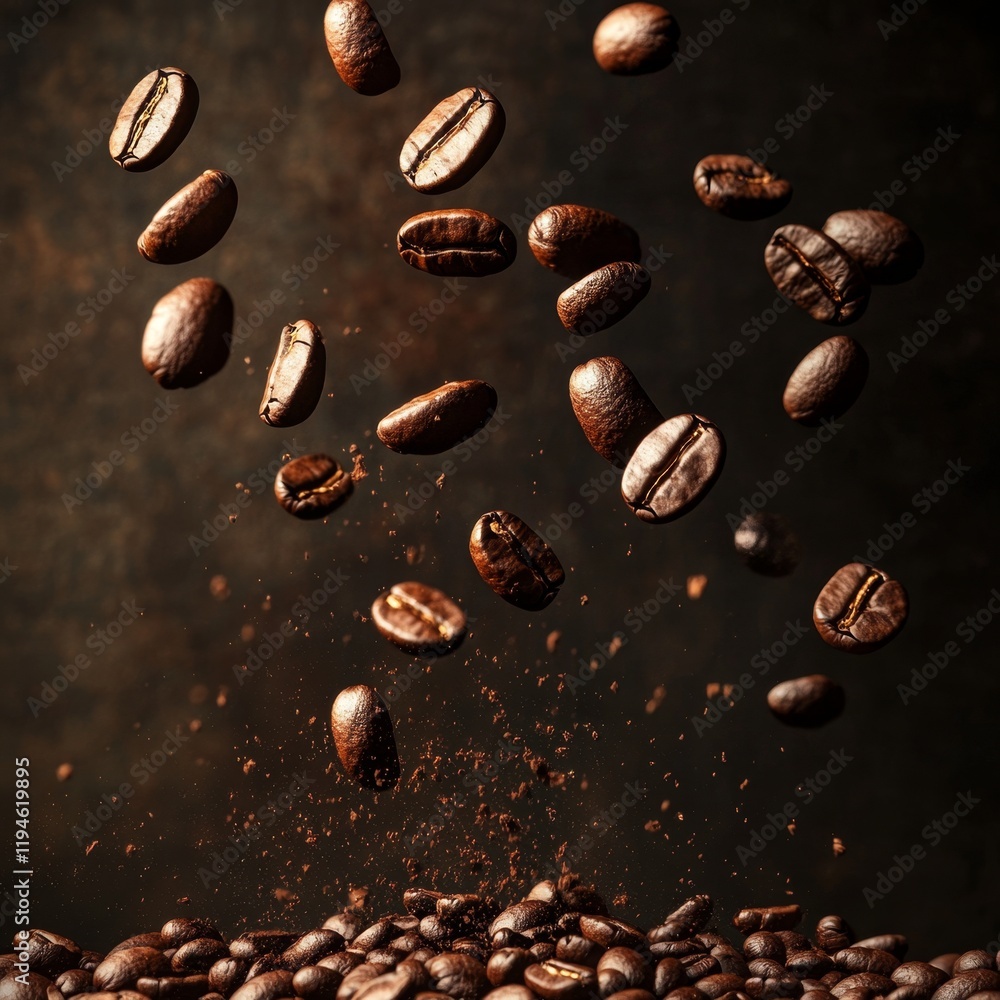 Dynamic Scatter of Coffee Beans Falling Towards a Dark Background Dynamic Scatter of Coffee Beans Falling Towards a Dark Background