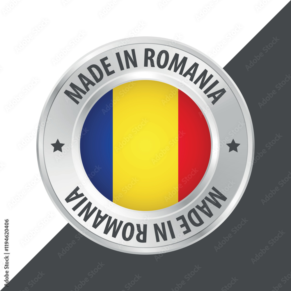 Fototapeta premium Made in Romania badge logo flag sticker 3d vector illustration isolated on white