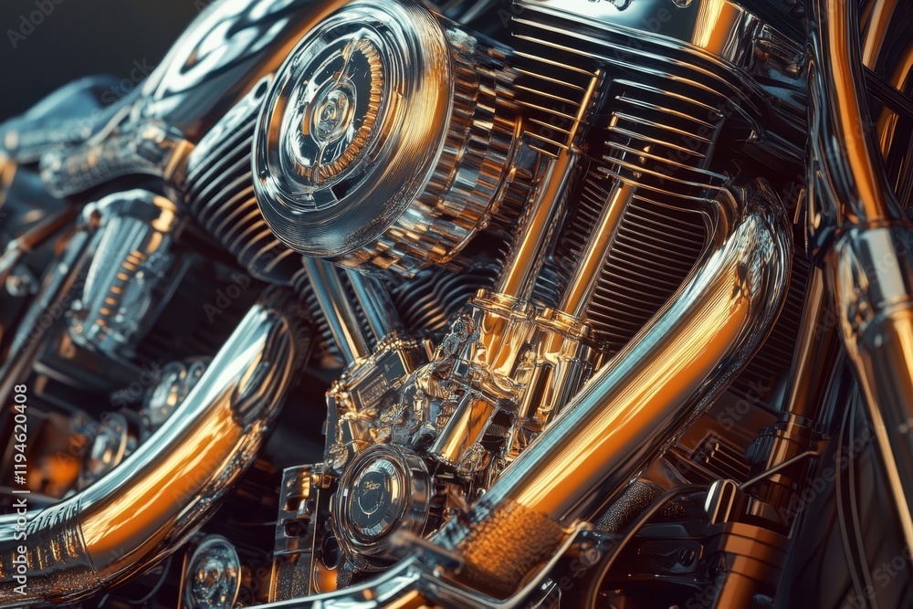Fototapeta premium A close up of a motorcycle engine with a shiny, metallic finish