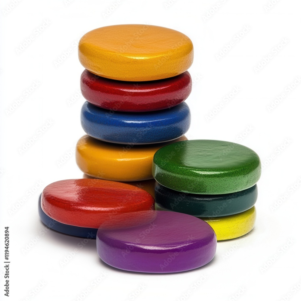 Colorful wooden disks stack white background Colorful wooden disks stack white background