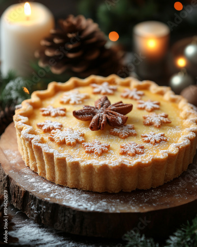 Sweet pie with star decorations on a rustic wooden setting. Great for holiday food and baking imagery. photo