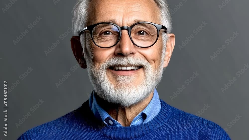 Man with glasses and a blue sweater is smiling. He has a lot of white hair and is wearing a blue sweater Man with glasses and a blue sweater is smiling. He has a lot of white hair and is wearing a blue sweater