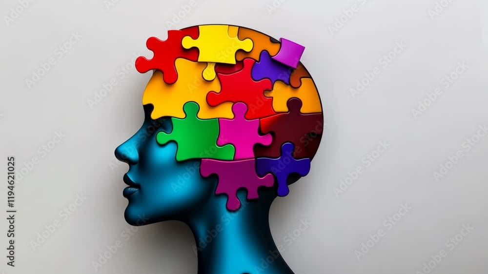 Woman's face is made up of puzzle pieces in various colors. Concept of creativity and individuality, as each piece represents a unique aspect of the person's personality Woman's face is made up of puzzle pieces in various colors. Concept of creativity and individuality, as each piece represents a unique aspect of the person's personality