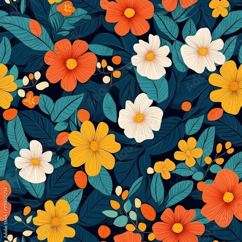 Wallpaper Mural Vibrant Colorful Floral Pattern Design Featuring Bright Orange and White Flowers Surrounded by Lush Green Leaves on a Dark Background Torontodigital.ca