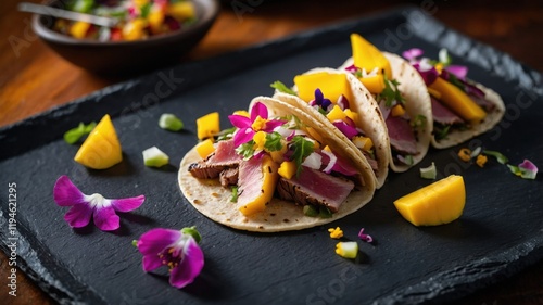 Tropical Tuna Tacos with Mango and Edible Flowers