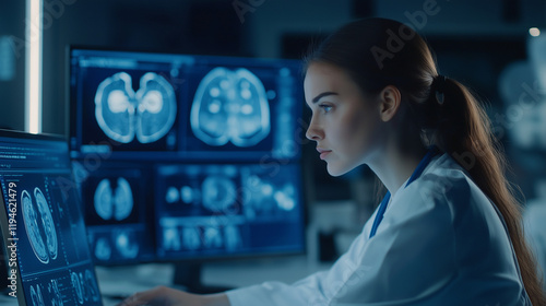 A focused Caucasian female radiologist reviews detailed brain images on a computer screen, demonstrating dedication and expertise in the field of medical imaging and diagnostics.
