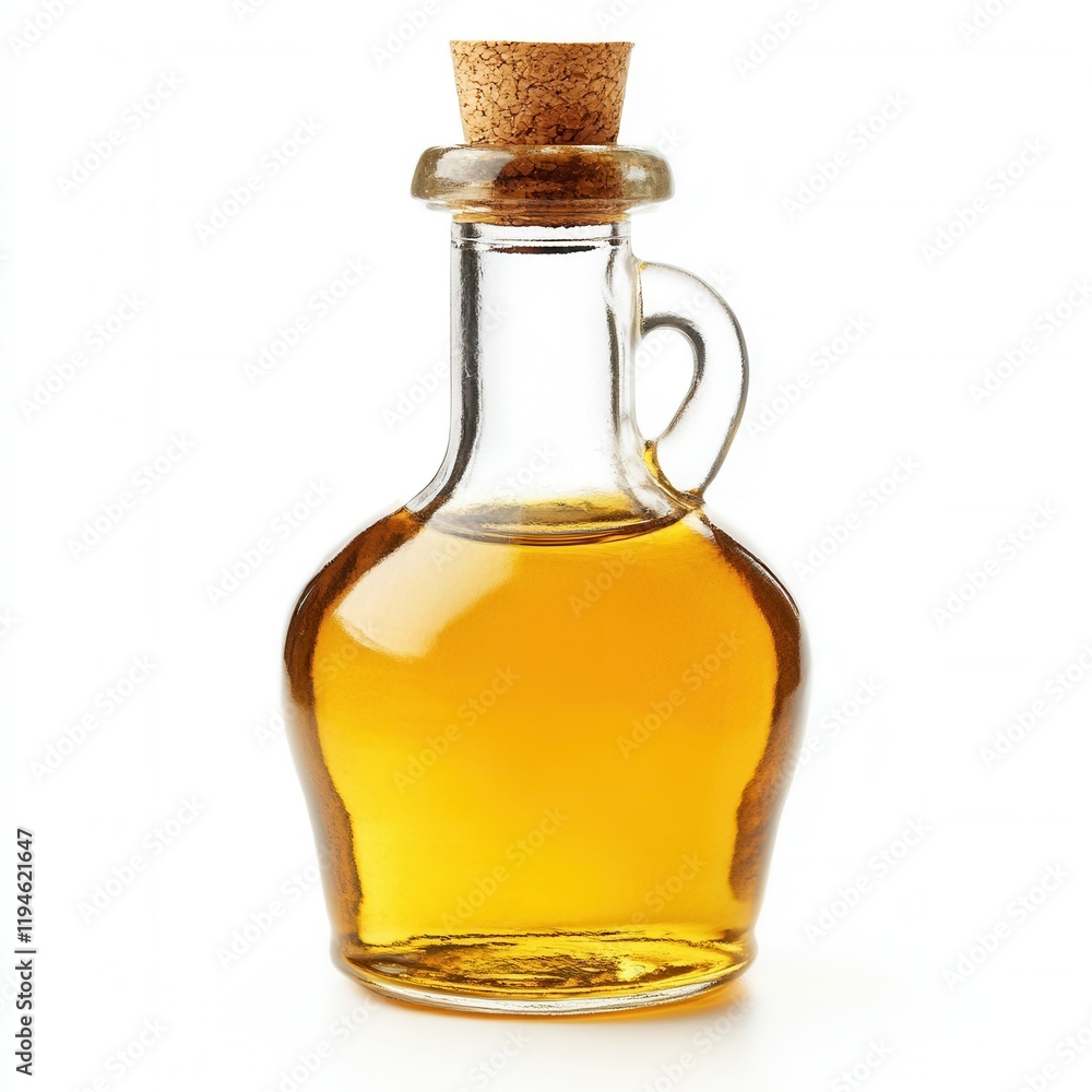 Glass bottle of oil, studio shot, white background Glass bottle of oil, studio shot, white background