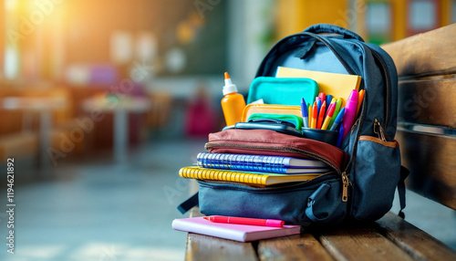 Colorful school supplies fill a backpack resting on a bench in a brightly lit interior space during the day