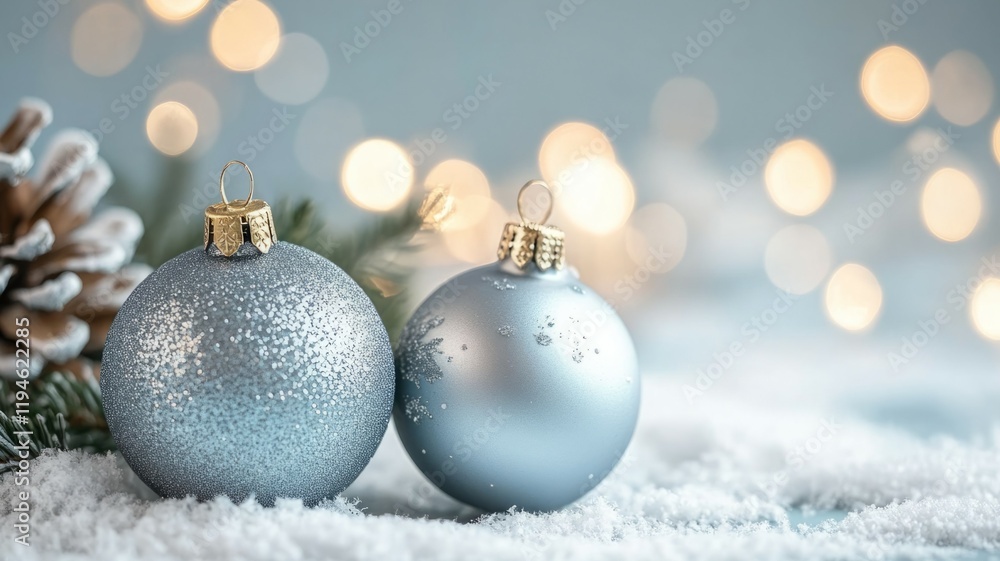 Festive Silver Christmas Ornaments on Snowy Surface Festive Silver Christmas Ornaments on Snowy Surface