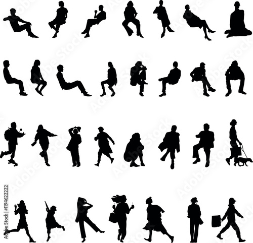 30 vector or png silhouettes of people in various poses, including sitting, leaning, walking, running, and engaging in daily activities. Perfect for use in architectural designs, presentation