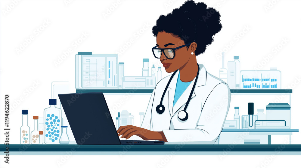 A black woman scientist works intently at a laboratory desk, surrounded by scientific equipment, embodying dedication and professionalism in her field. A black woman scientist works intently at a laboratory desk, surrounded by scientific equipment, embodying dedication and professionalism in her field.