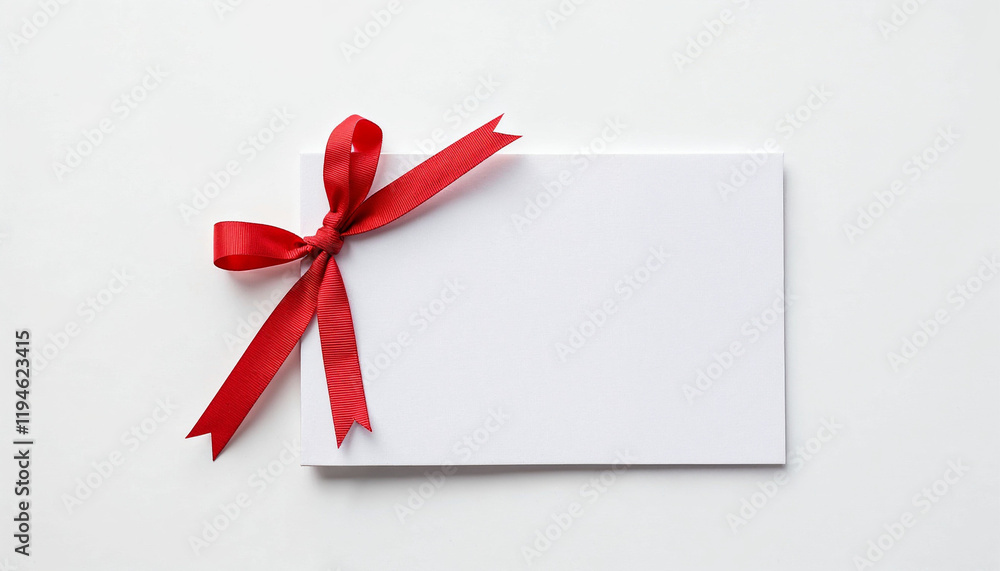 Blank card with red ribbon tied neatly, ideal for personal messages or gifts Blank card with red ribbon tied neatly, ideal for personal messages or gifts